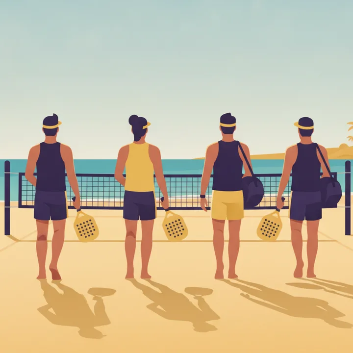 Quatro jogadores caminhando juntos em direção a uma quadra de beach tennis no fim da tarde.