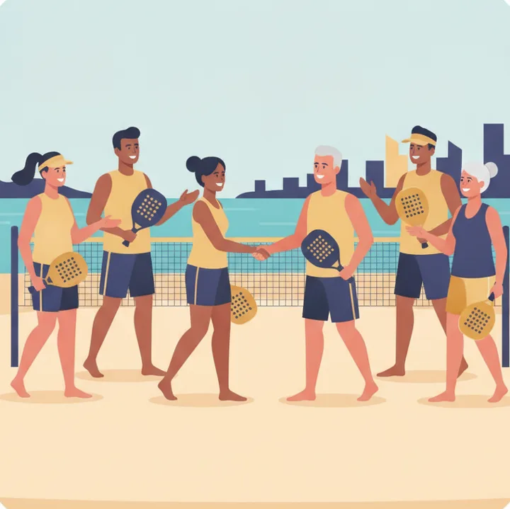 Grupo de jogadores de beach tennis conversando na beira da quadra.