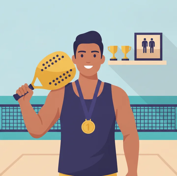 Jogador de beach tennis com a raquete no ombro, diante de medalhas e troféus.
