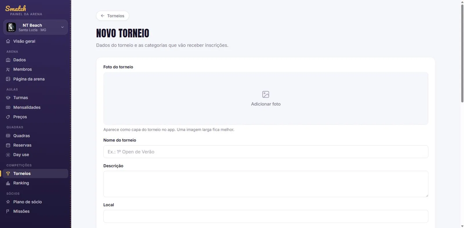 Formulário de novo torneio no painel do Smatch