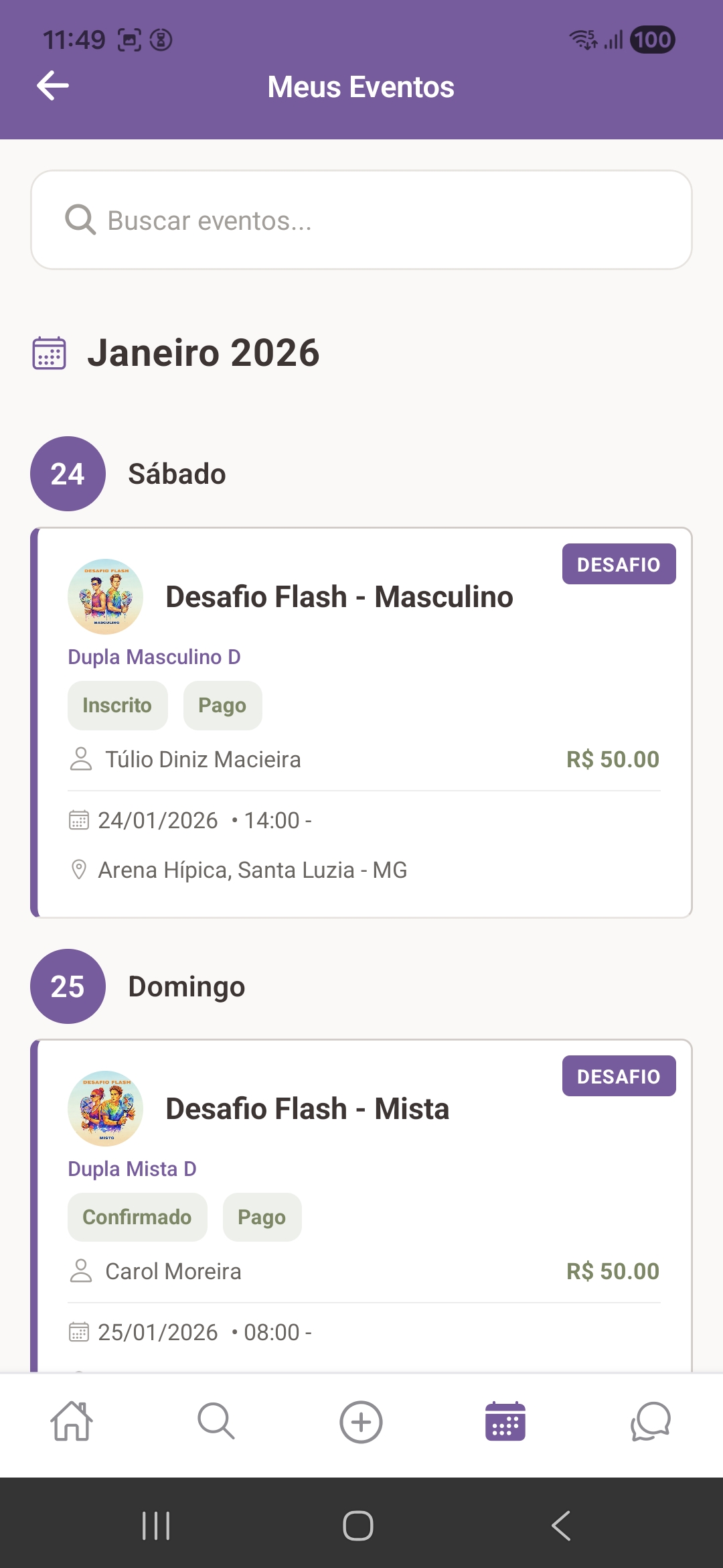Eventos e agenda de jogos no BeachFy